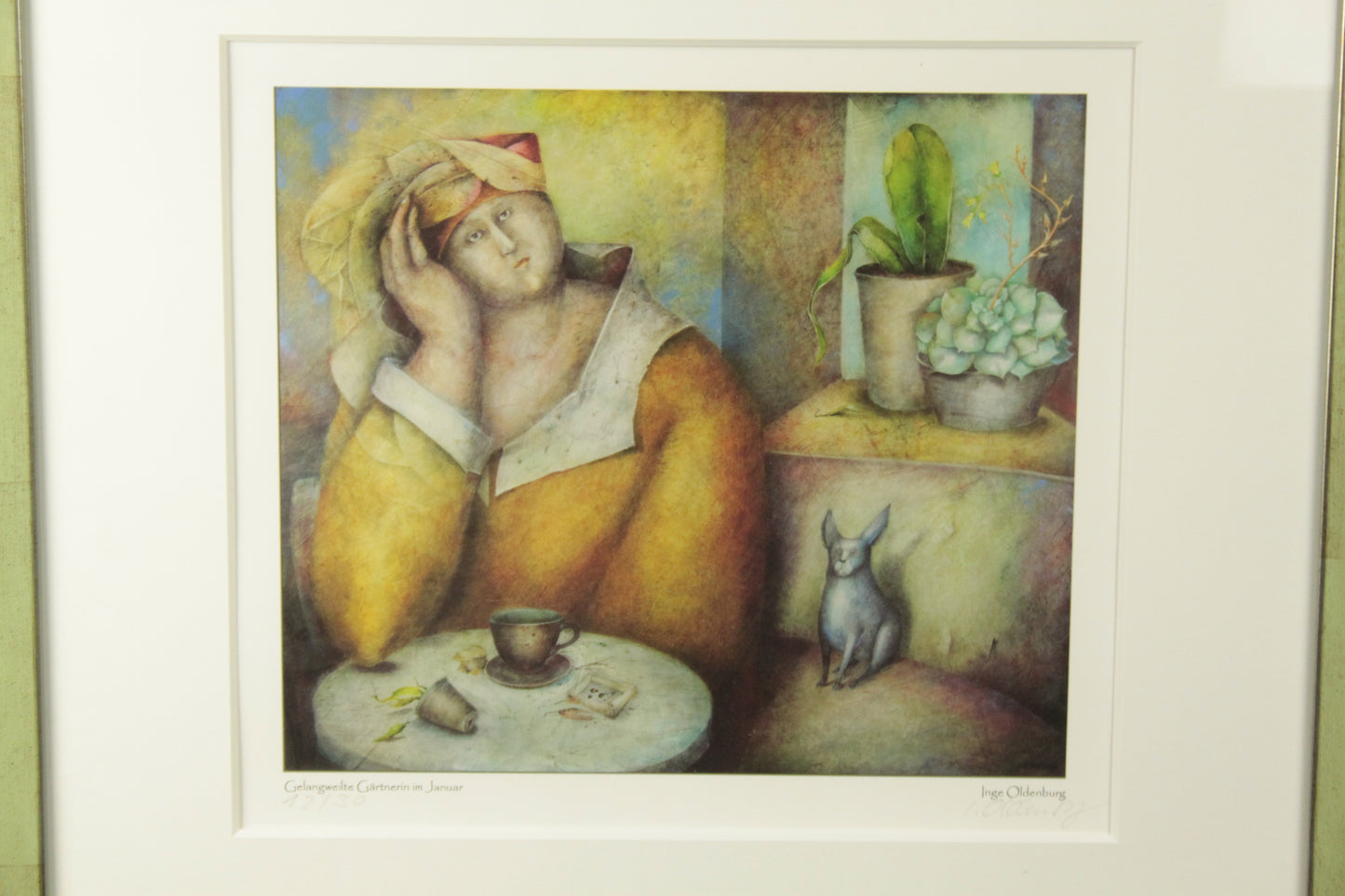 Druckgrafik - Gelangweilte Gärtnerin im Januar