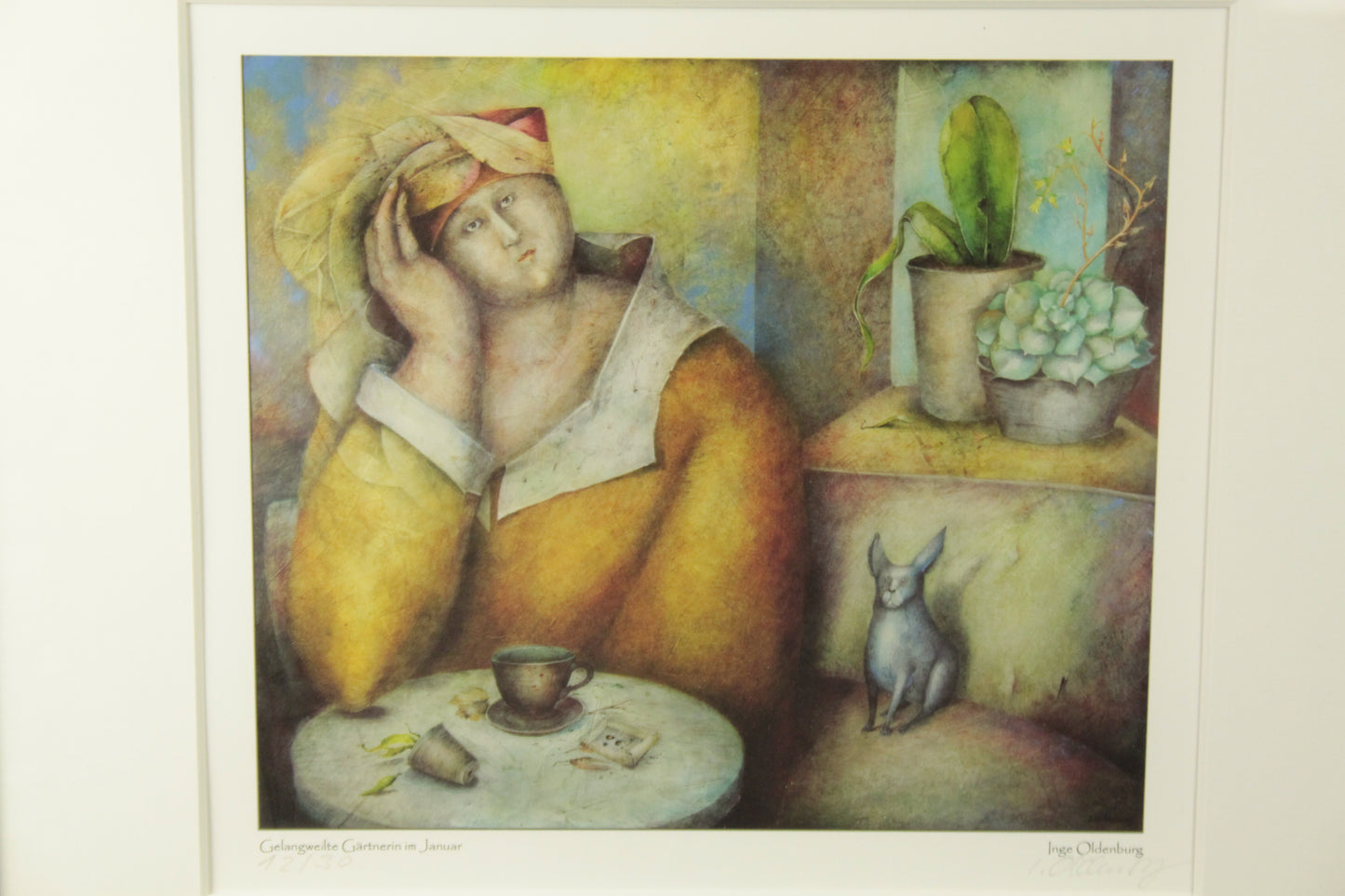 Druckgrafik - Gelangweilte Gärtnerin im Januar